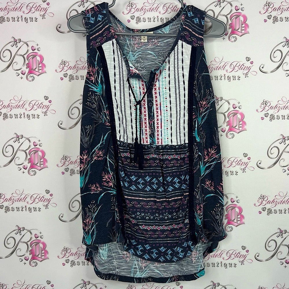Style & Co. Tank top tassles tie up paisley floral Multicolor Patterned Tank Top